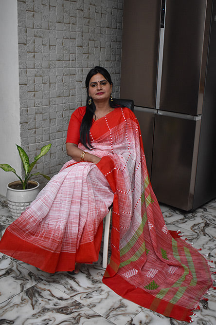 White and red linen cotton saree with red border