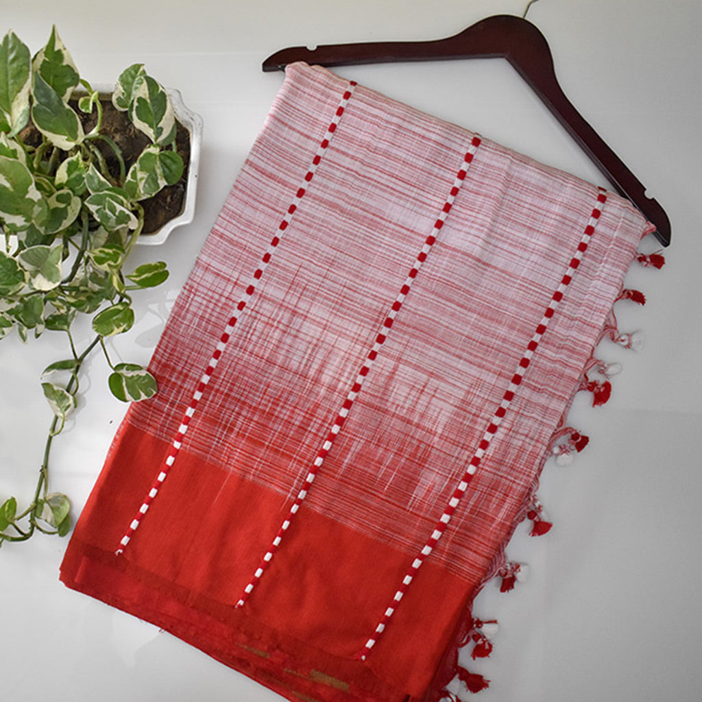 White and red linen cotton saree with red border