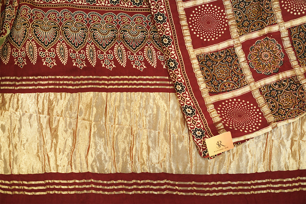 Dark Red Full Gharchola ajrakh Modal Silk Saree