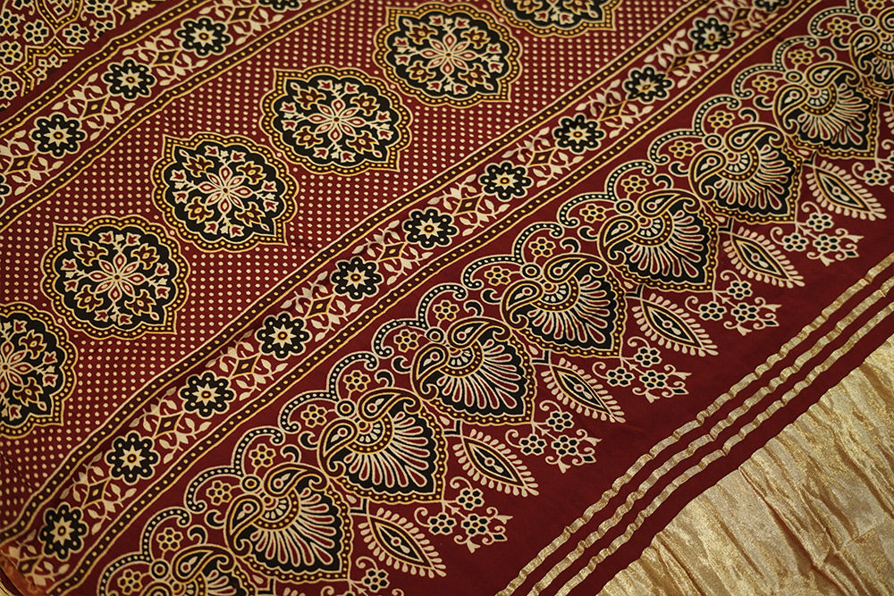 Dark Red Full Gharchola ajrakh Modal Silk Saree