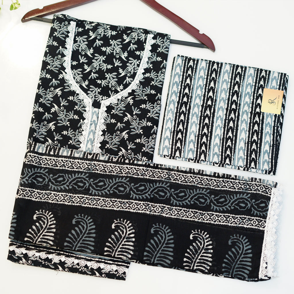 Black mul cotton 3 pc suit with thin Lace Border