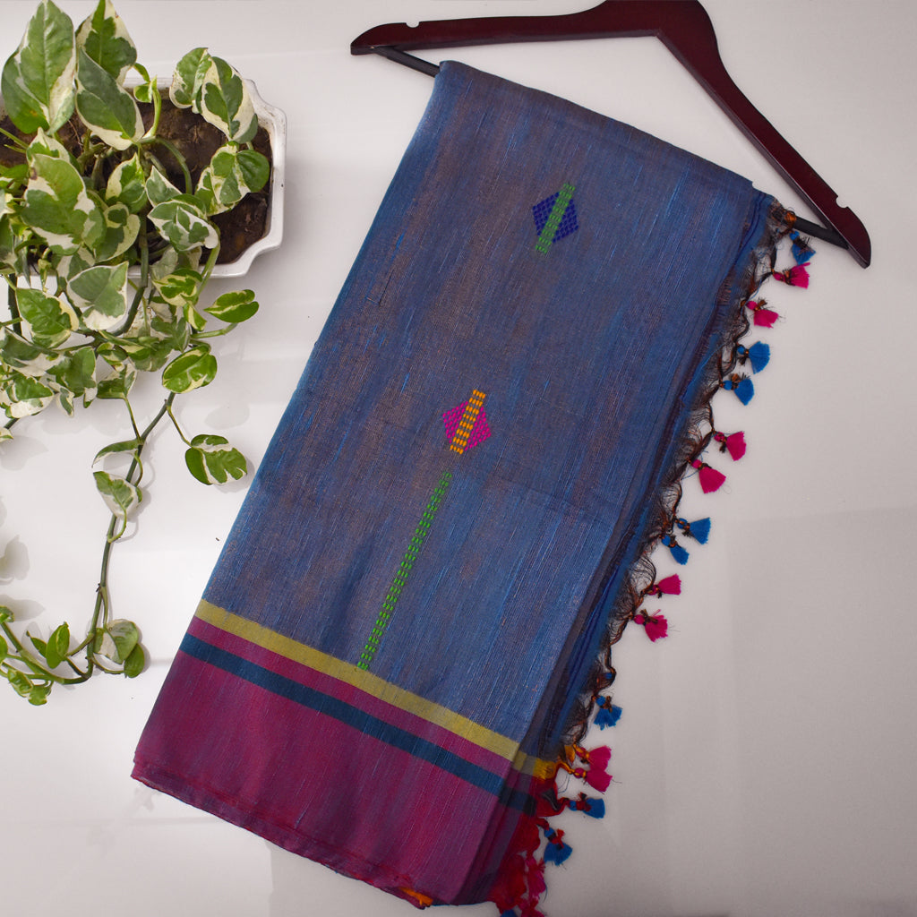 Blue Handloom Tissue Linen Saree With Red Border