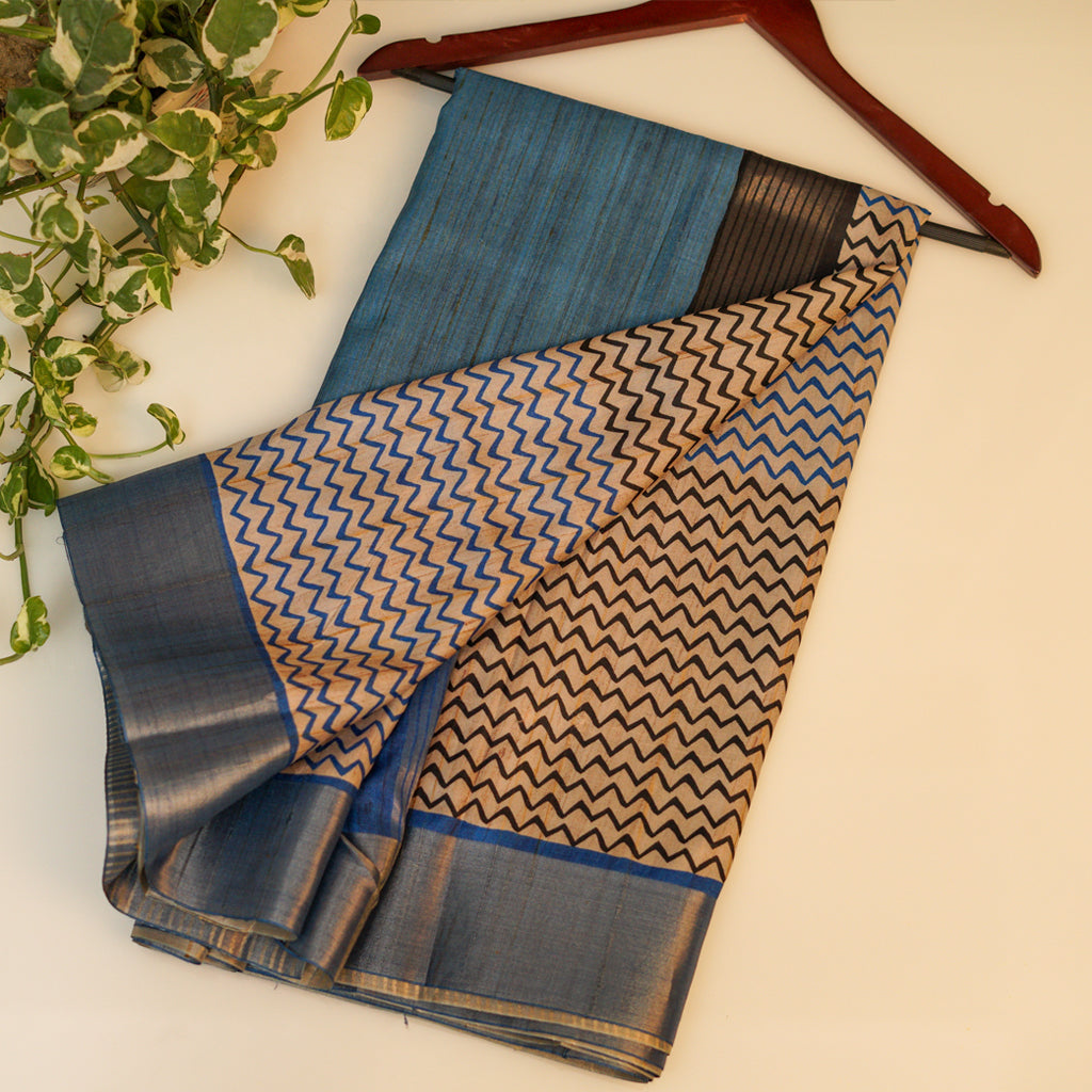 Cream And Black Stripe With Blue Border Tussar Saree