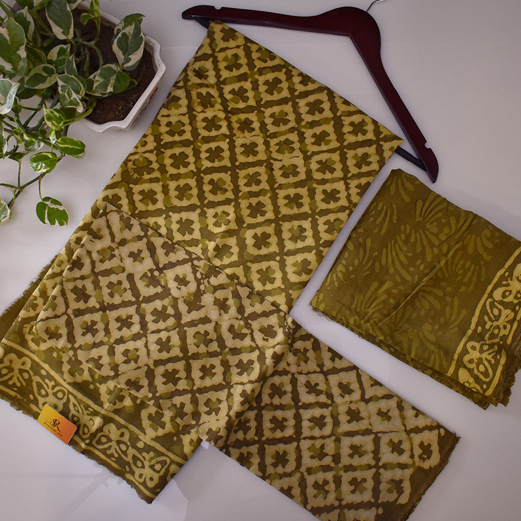 Green MODAL Cotton Suit with blockprint