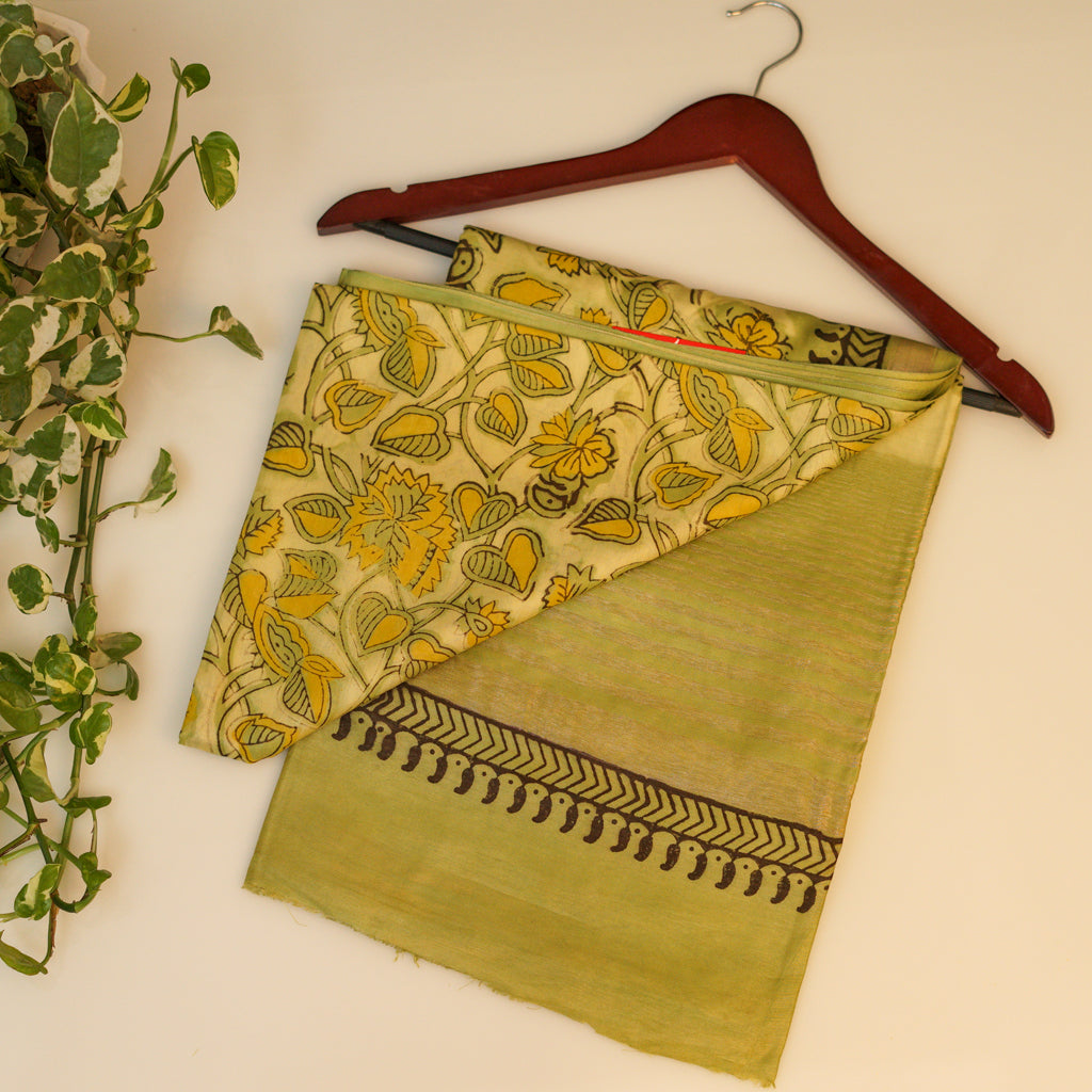 Green Block Print russian silk Cotton Saree
