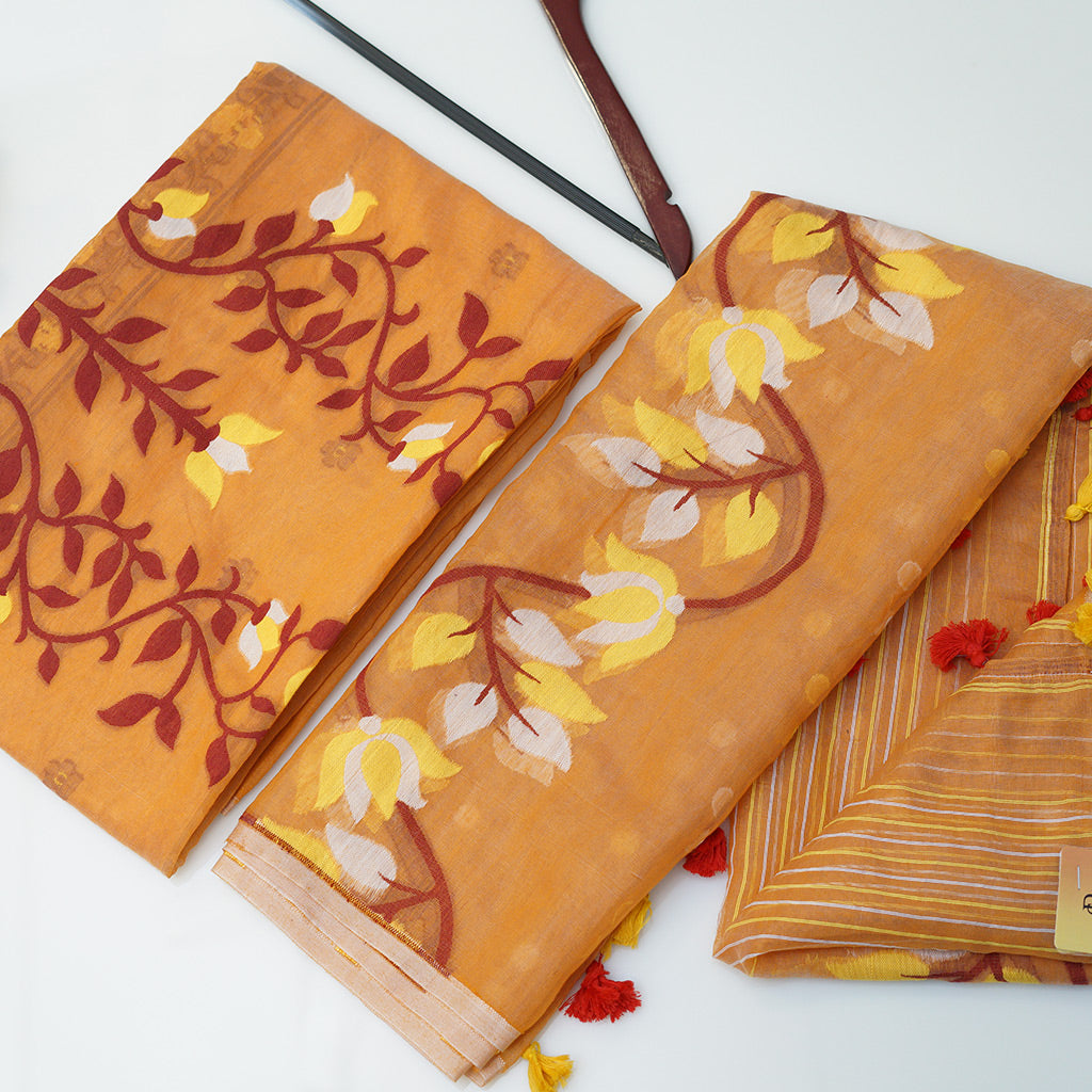 JAMDANI Light brown cotton jamdani suit with red and yellow embroidery