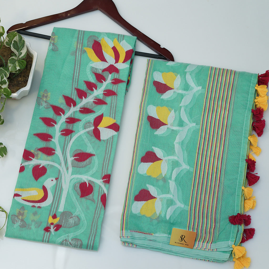 JAMDANI Light green cotton jamdani suit with red and yellow embroidey