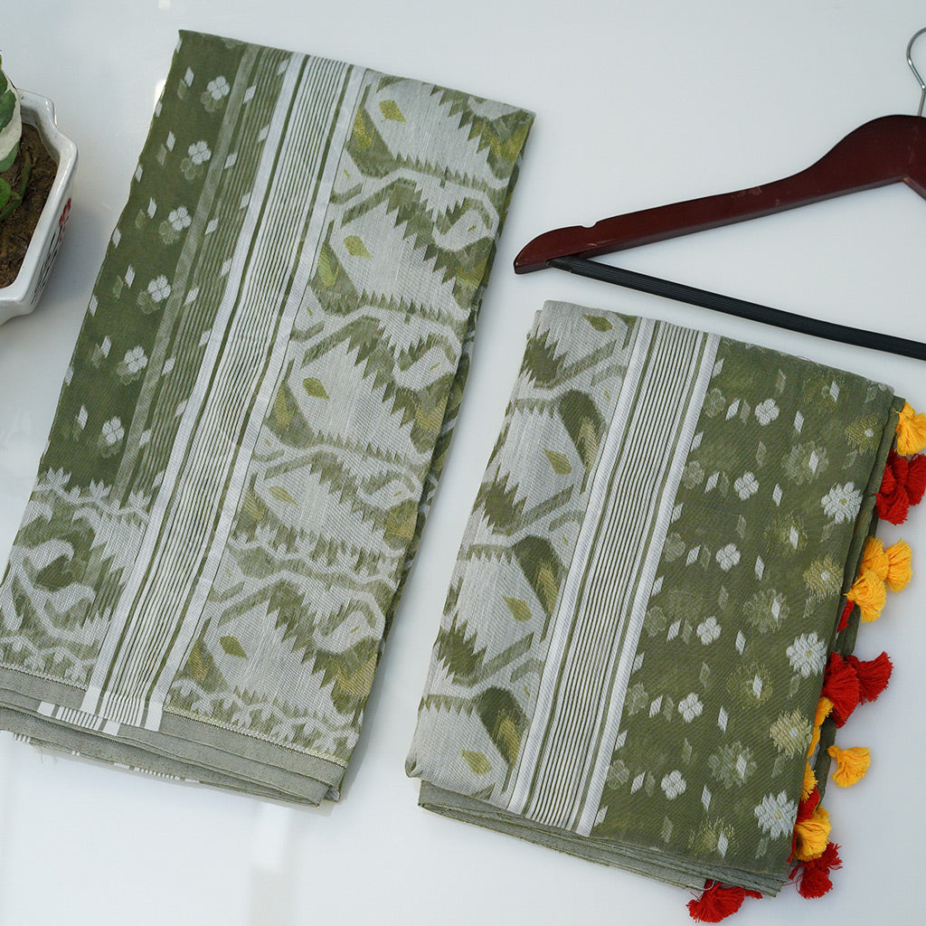JAMDANI OLIVE Green cotton jaquard jamdani suit
