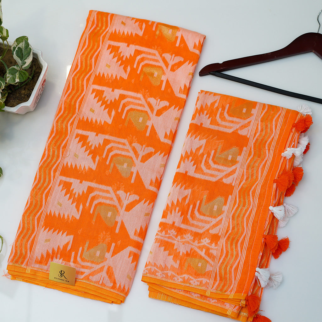 JAMDANI Orange cotton jaquard jamdani suit