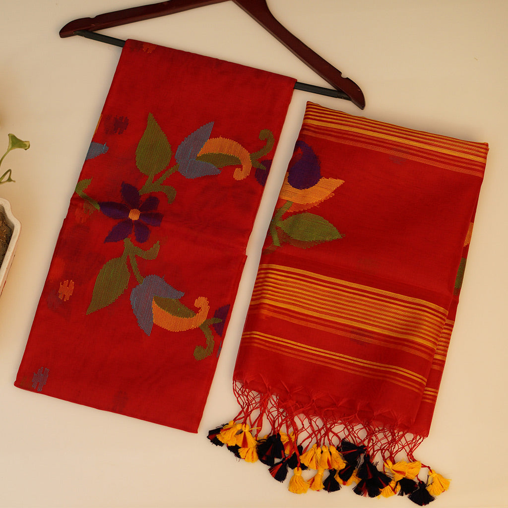 JAMDANI RED resham muslin jamdani suit with pichwai work