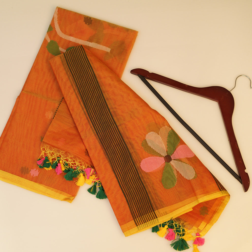 JAMDANI Orange resham muslin jamdani suit with pichwai work