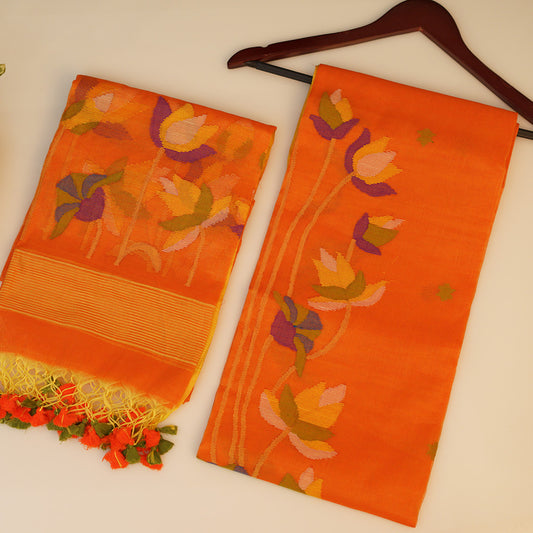 JAMDANI Light Orange suit with pink and green tassels