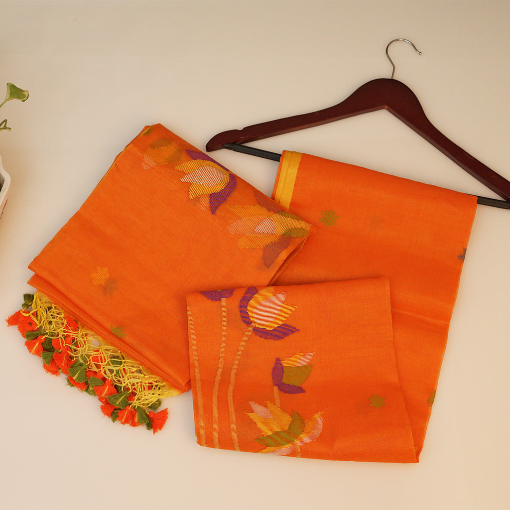 JAMDANI Light Orange suit with pink and green tassels