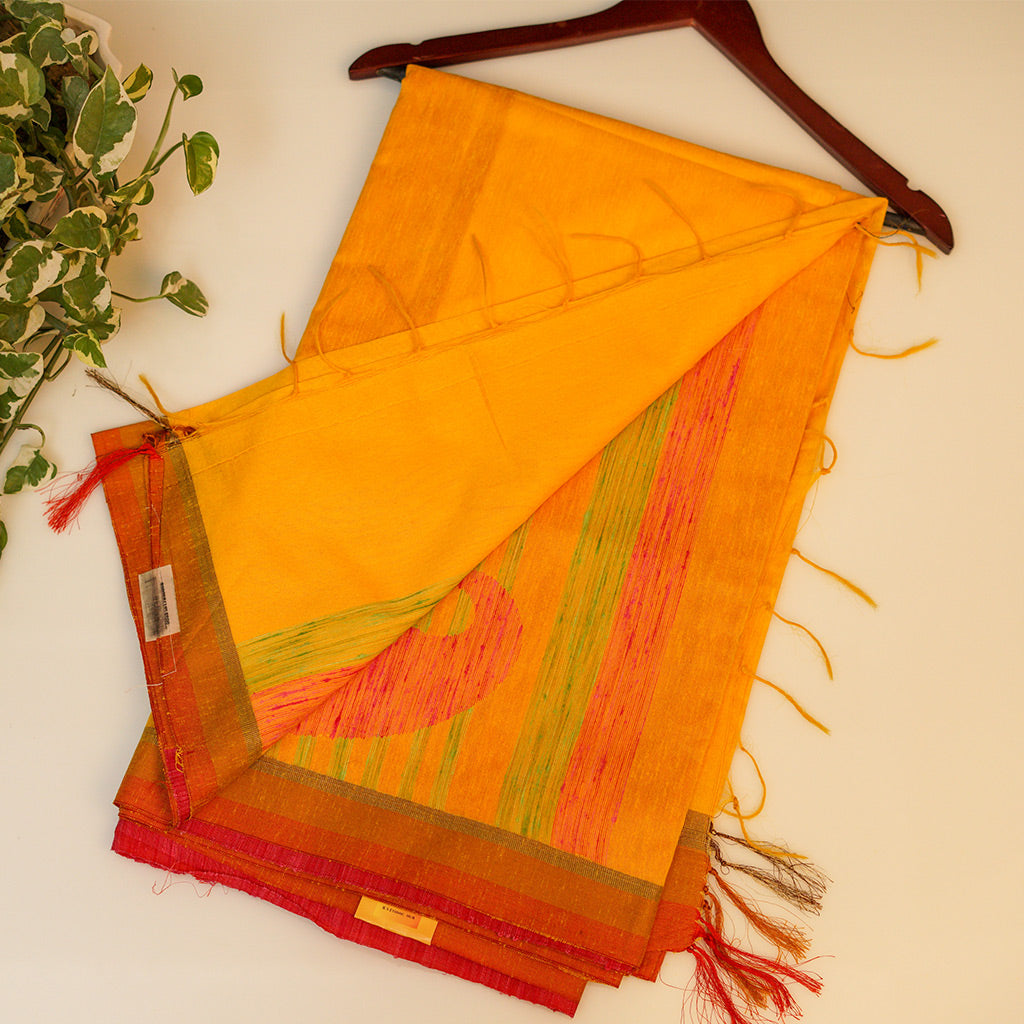 Orange Cotton Jute handloom Saree