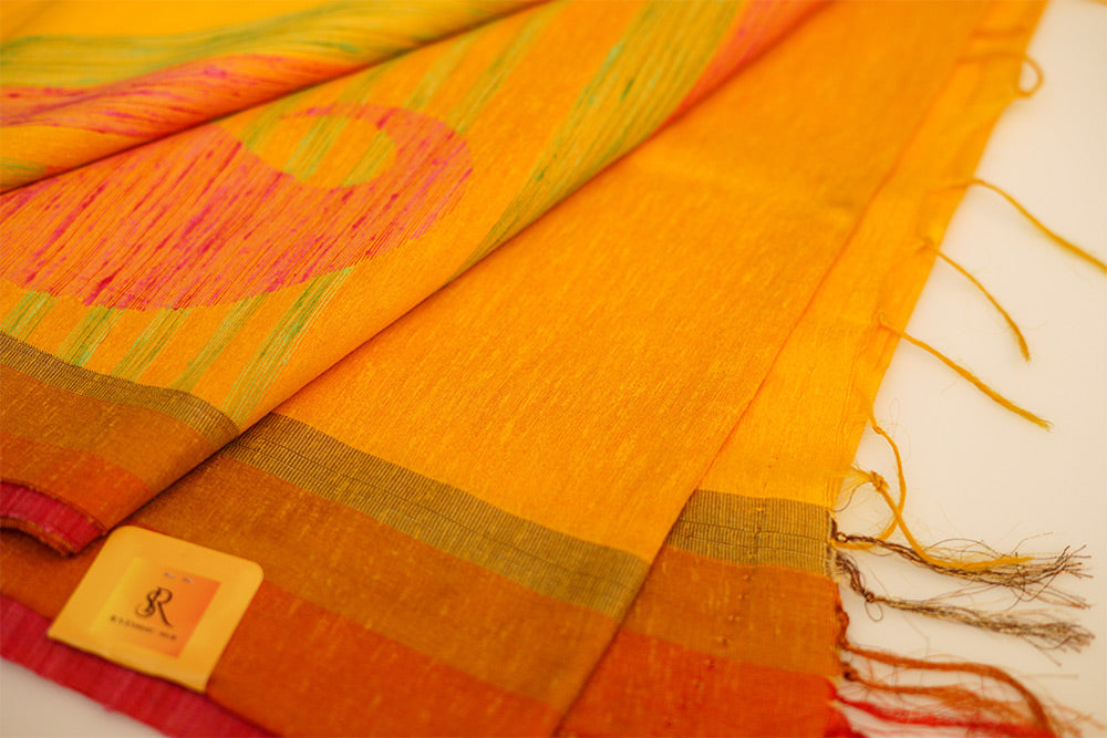 Orange Cotton Jute handloom Saree