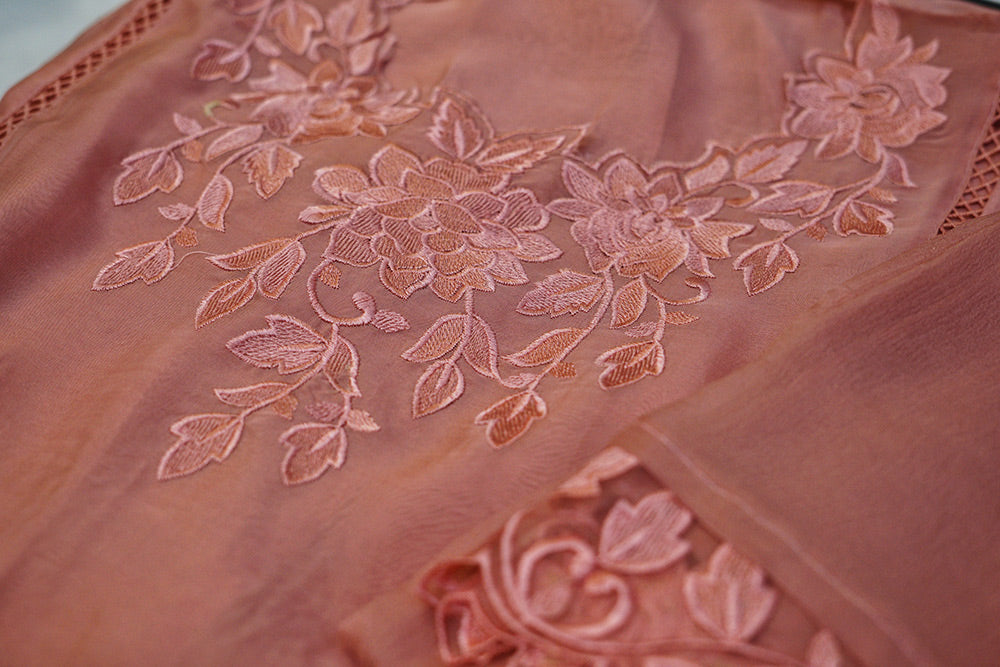 Organza Peach Colour Cutwork 3 pc Suit