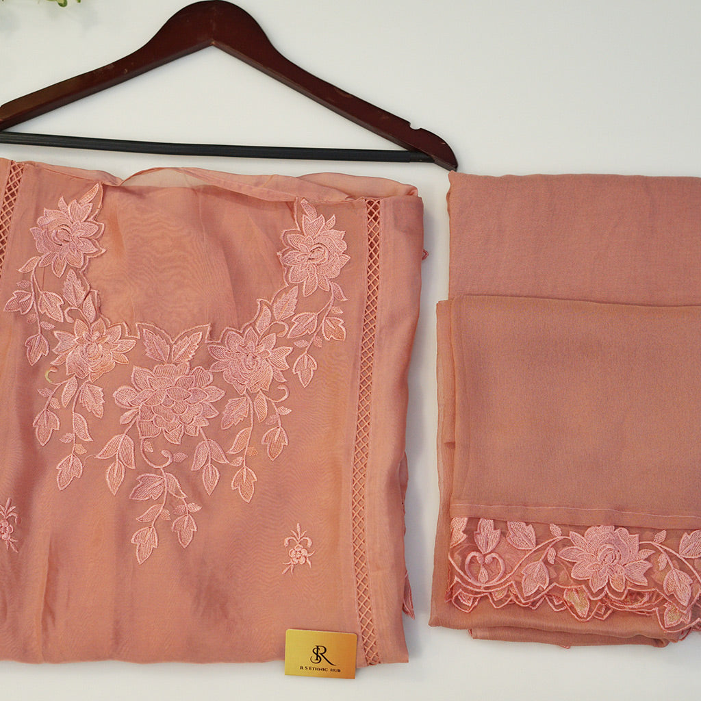 Organza Peach Colour Cutwork 3 pc Suit