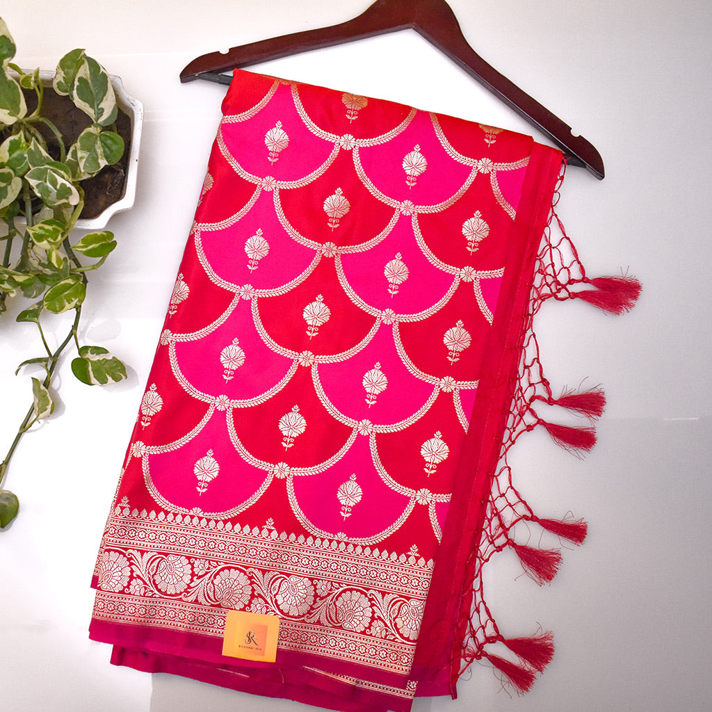 Pink And Red Mushru Silk Saree Rangkart