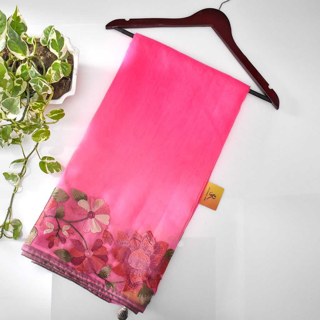Pink Organza Saree With Floral Border