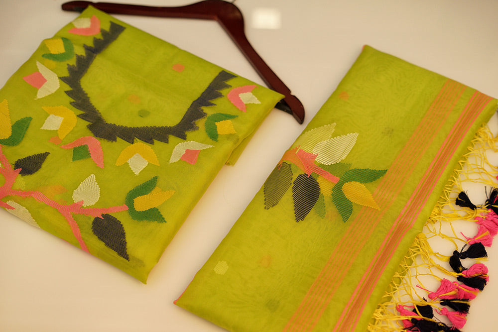 Neon Green pure resham organza jamdani suit