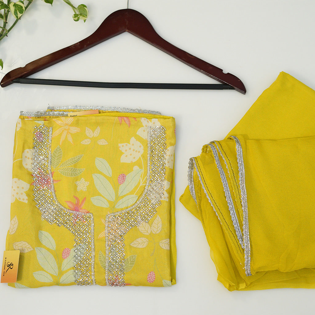 Greenish Yellow Crepe Suit With Cut Dana Embroidery