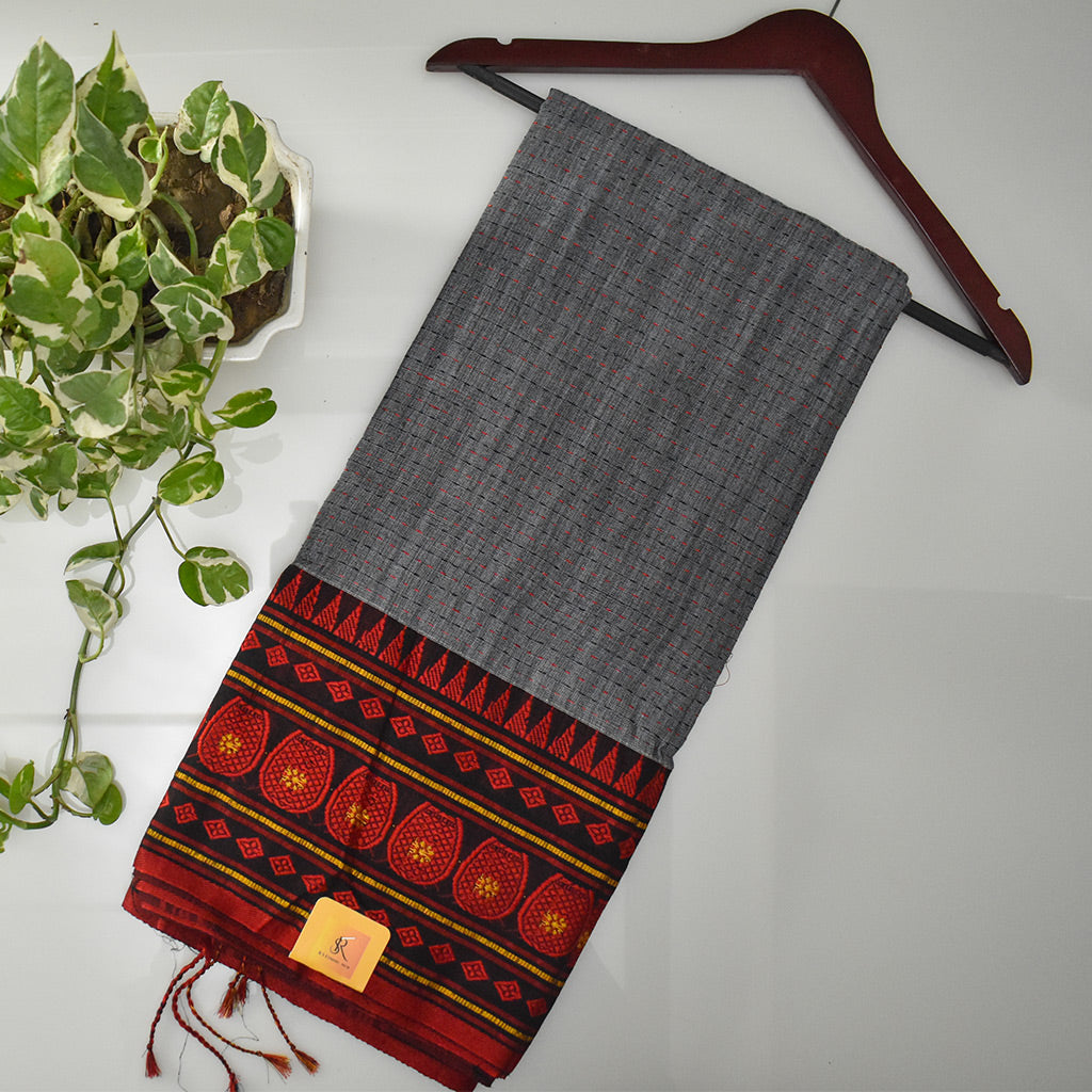 Grey Saree With Broad Black Red Border