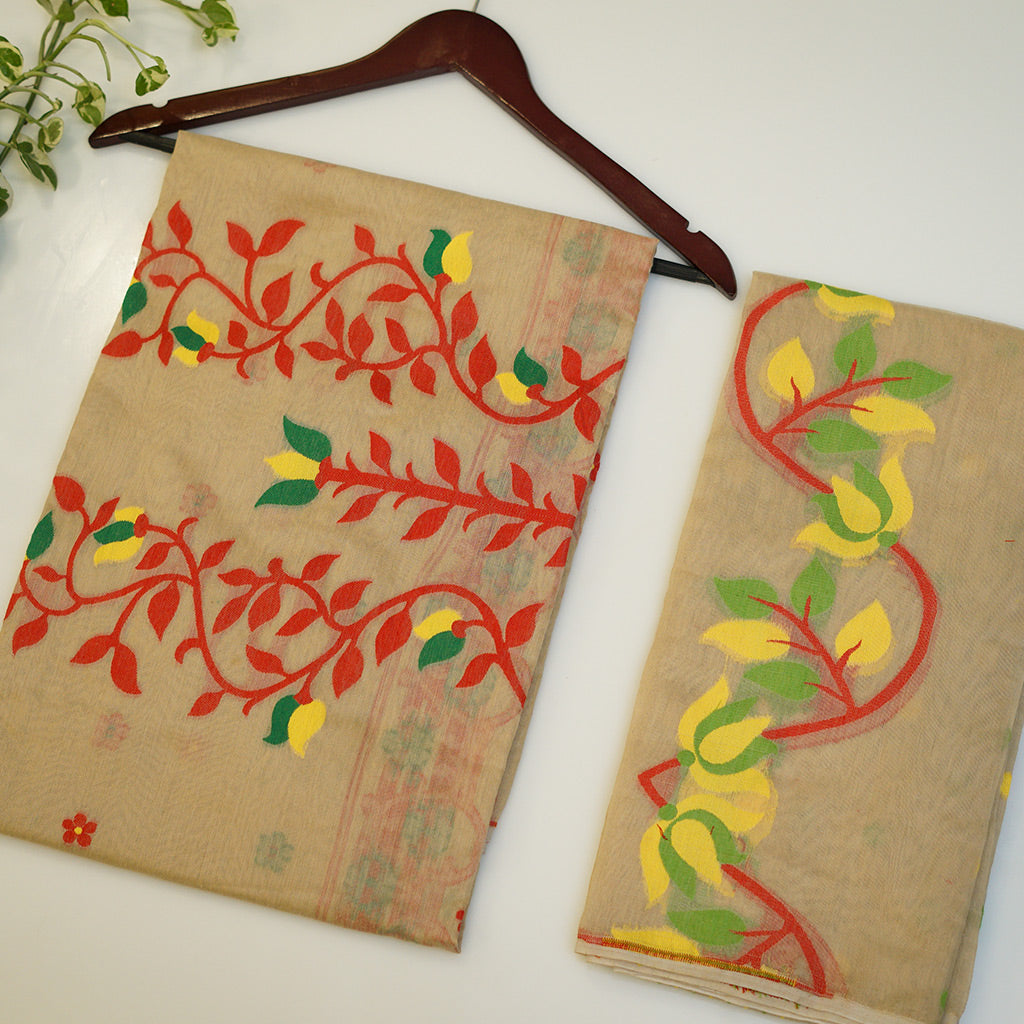 Beige Cotton Jamdani Suit with red and yellow embroidery