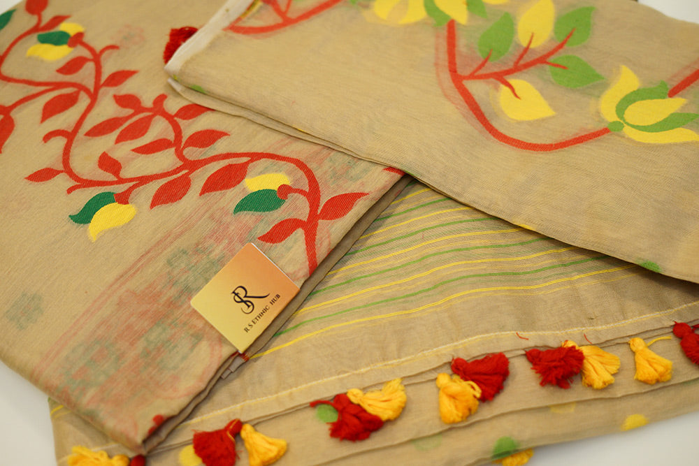 Beige Cotton Jamdani Suit with red and yellow embroidery