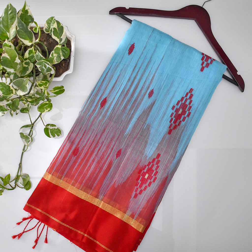 light Blue Red Linen Saree