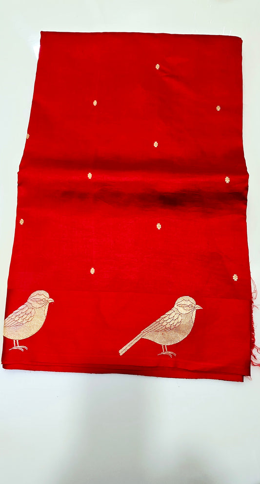 Pure red puna  silk Saree with bird motif