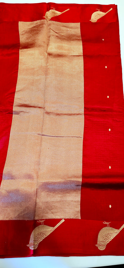 Pure red puna  silk Saree with bird motif
