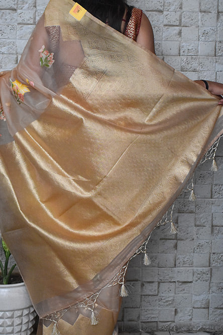 Beige Organza Saree with Meena Flower Work