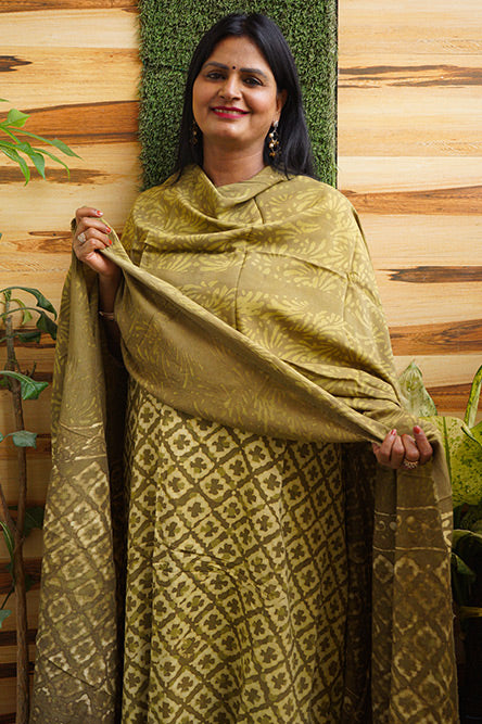 Green MODAL Cotton Suit with blockprint