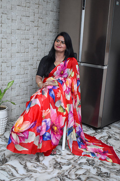 Red Digital Print Chiffon Saree