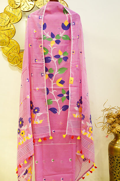 Pink Cotton Jamdani with Blue Embroidery