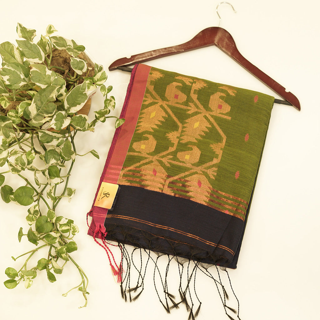 Green and navy blue Chanderi jamdani saree