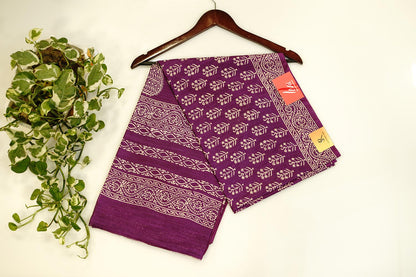 Purple cotton saree with handblock print