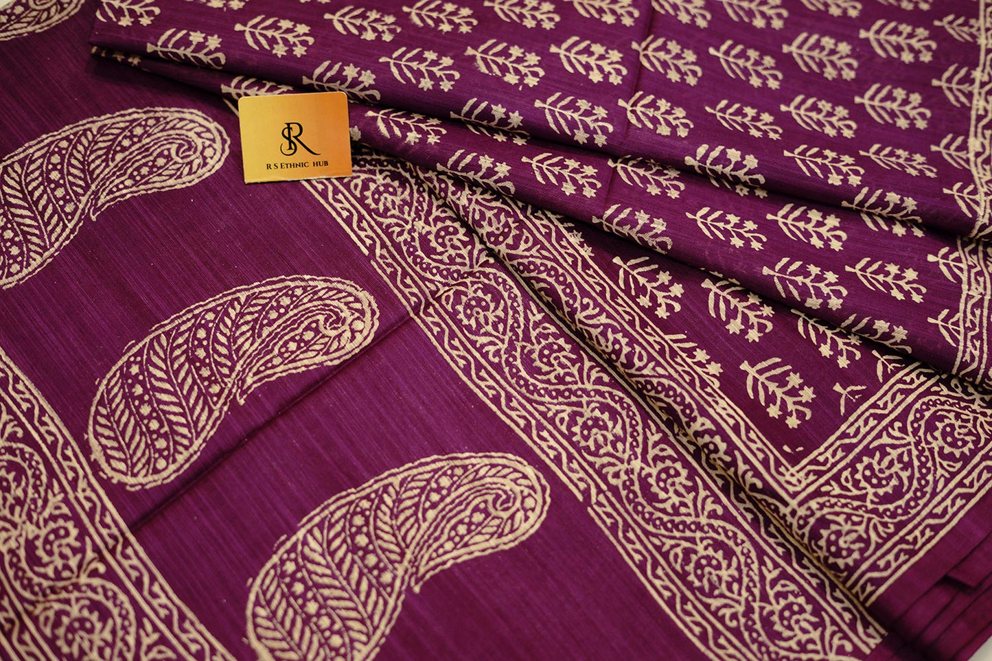 Purple cotton saree with handblock print