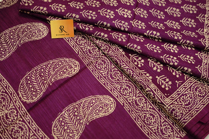 Purple cotton saree with handblock print