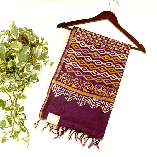 Purple white yellow cotton saree with handblock print