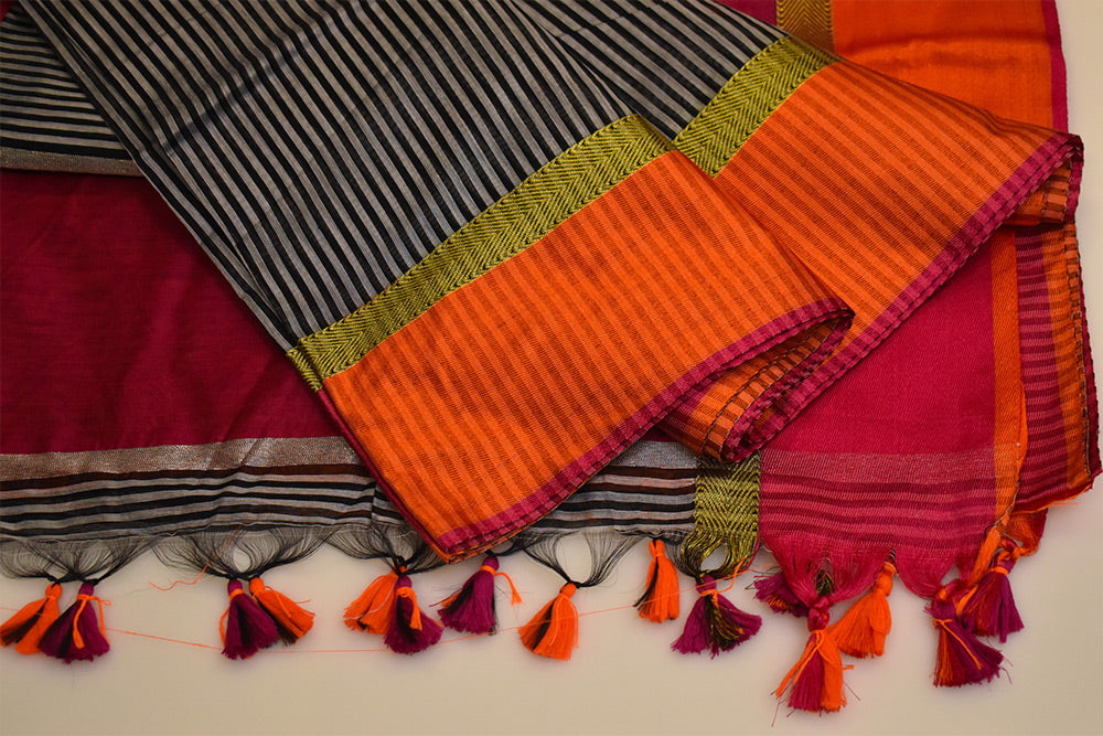 Maheshwari cotton silk saree with Grey and Black stripes and orange border