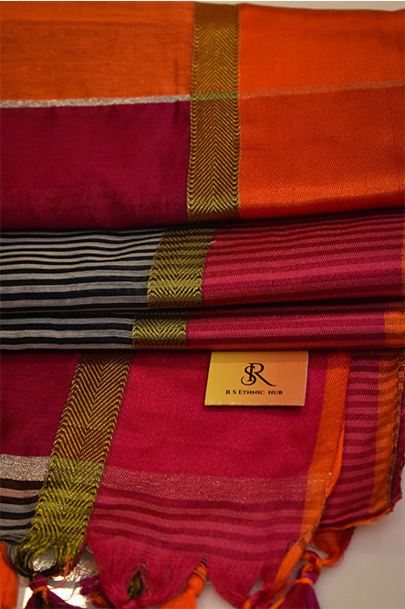 Maheshwari cotton silk saree with Grey and Black stripes and orange border