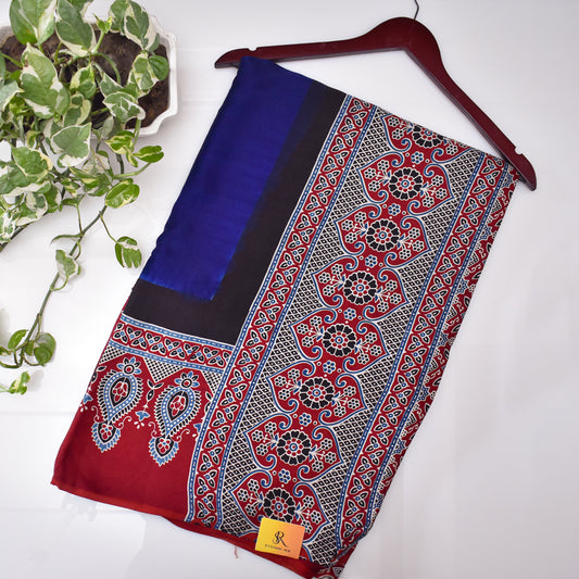 Blue Modal With Ajrakh Border And Pallu